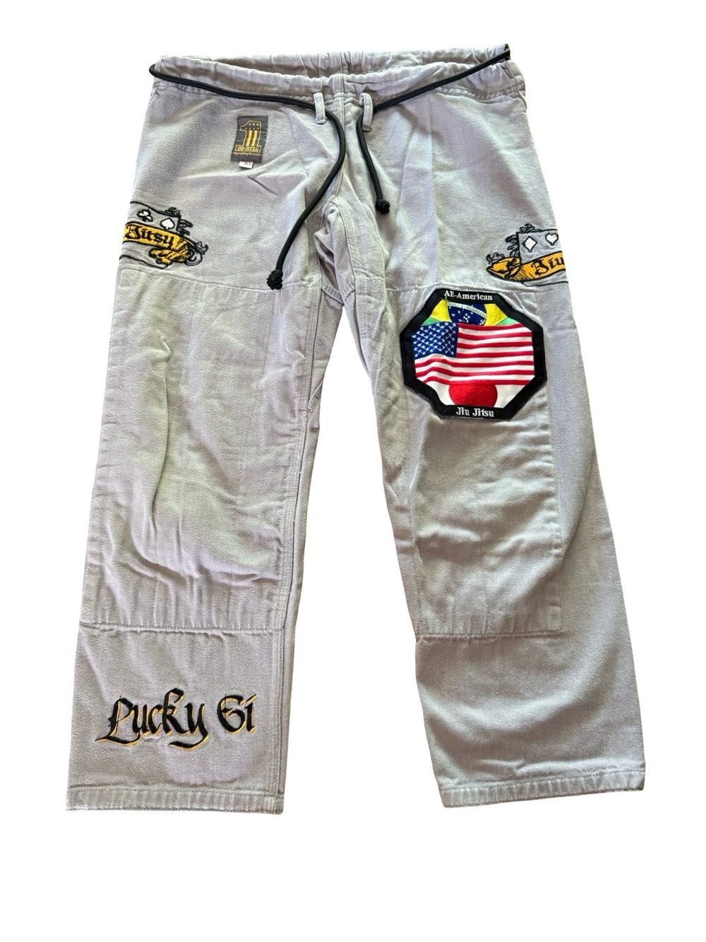 Lucky Gi Gray Jiu Jitsu Grappling Pants Adjustable Waist Embroidered 100% cotton